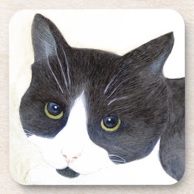 Schwarze und weiße Katze Getränkeuntersetzer (Vorderseite)