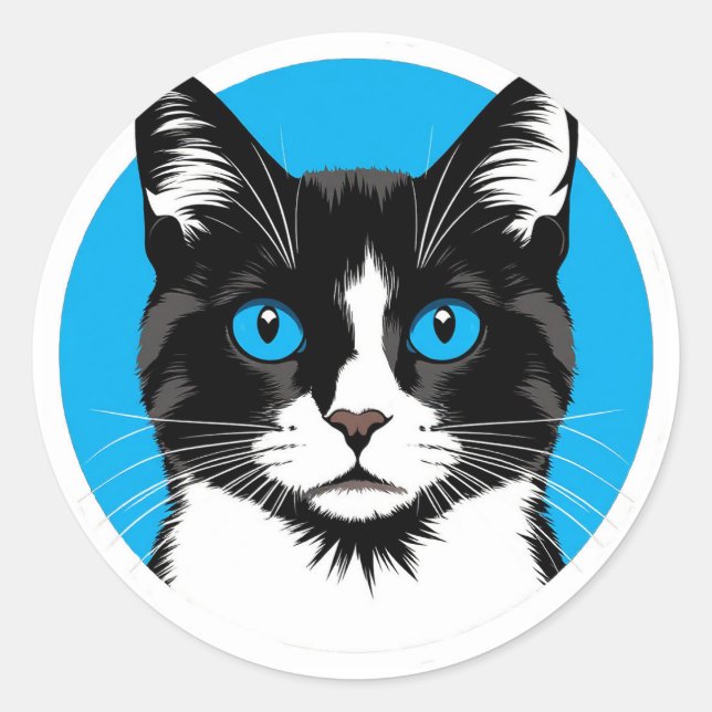 Schwarze und weiße Katze mit blauen Augen Runder Aufkleber (Vorderseite)