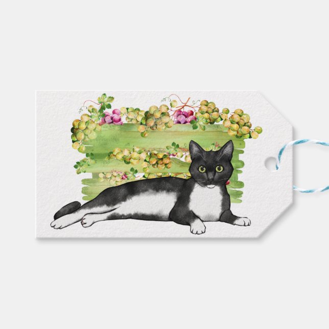 Schwarze und weiße Katze mit Grapes-Garden-Geschen Geschenkanhänger (Vorderseite (Horizontal))