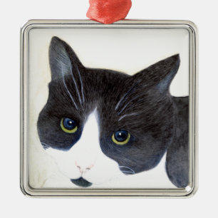 Schwarze und weiße Katze Silbernes Ornament
