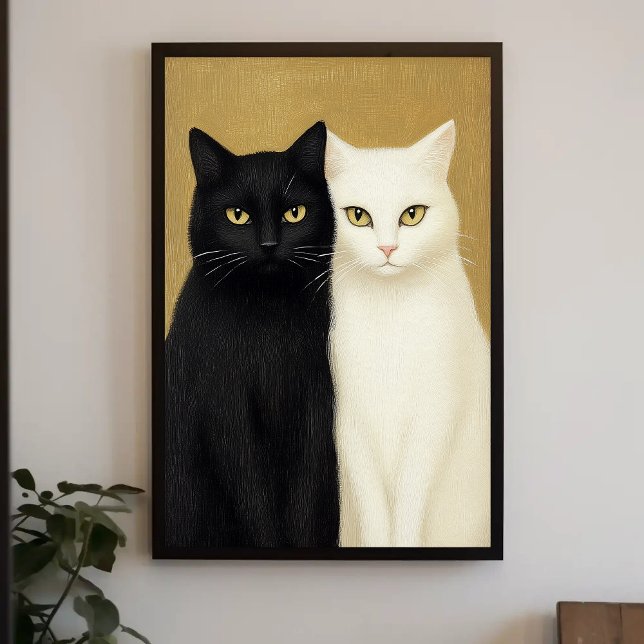 Schwarze und weiße Katzen auf goldener Hintergrund Poster (Von Creator hochgeladen)