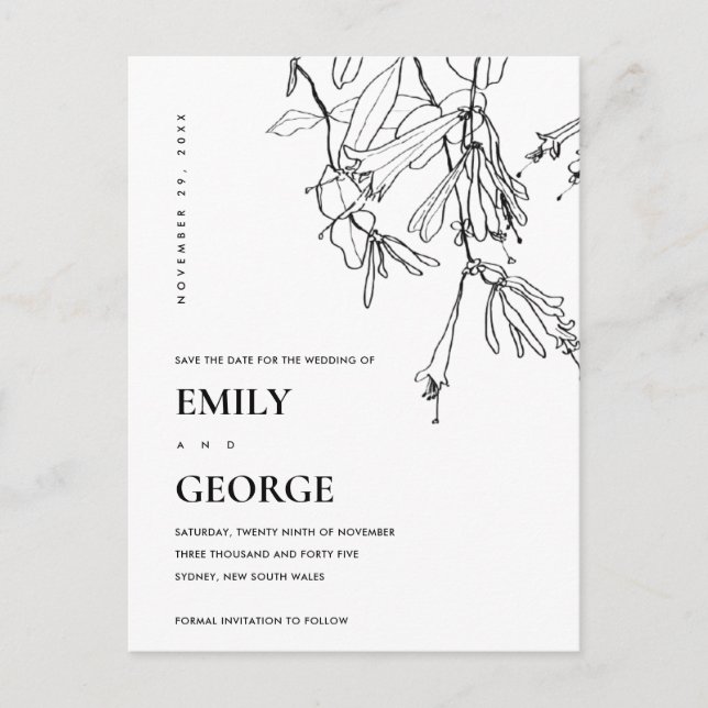 SCHWARZE UND WEISSE LINIE ZEICHNEND BLUMENFLÄCHE S ANKÜNDIGUNGSPOSTKARTE (Vorderseite)