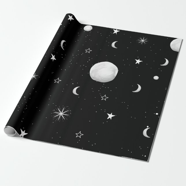 Schwarze und weiße Mond und Sterne Geschenkpapier (Ungerollt)