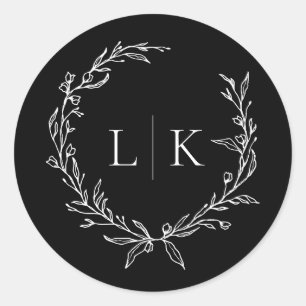 Schwarze und weiße Monogramm-Kranz-Hochzeit Runder Aufkleber