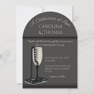 Schwarze und weiße Perlen Champagnerglas Hochzeit Einladung