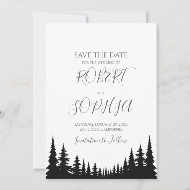 Schwarze und weiße Pinienbäume Winterhochzeit Save The Date (Vorderseite)