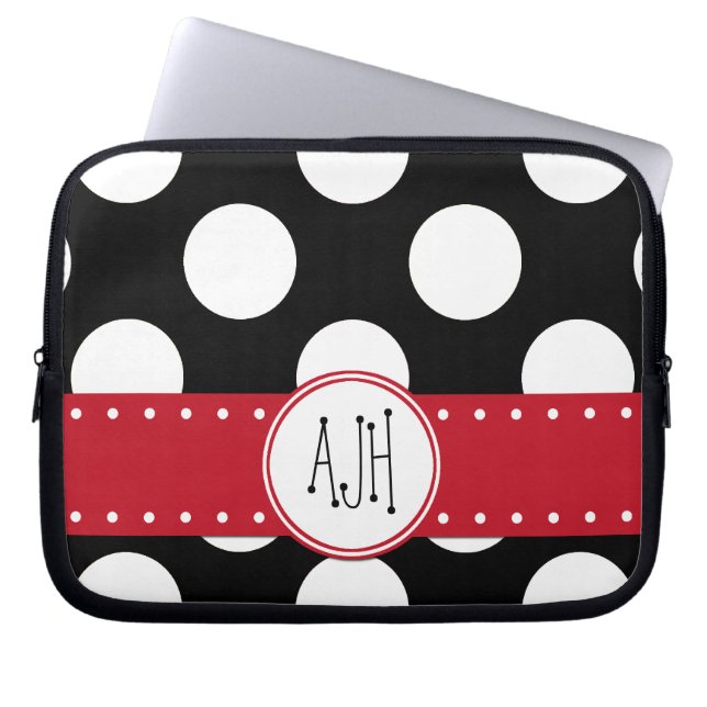 Schwarze und weiße Polka-Punkte, dotiert, Monogram Laptopschutzhülle (Vorderseite)