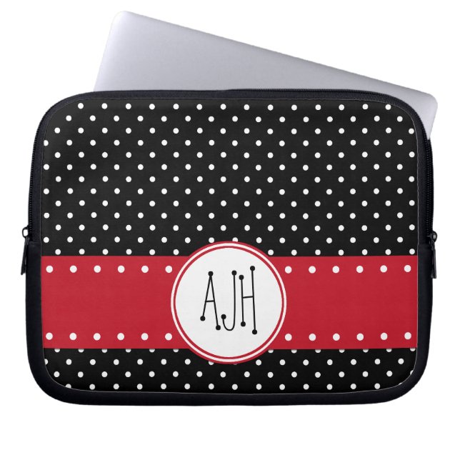 Schwarze und weiße Polka-Punkte, dotiert, Monogram Laptopschutzhülle (Vorderseite)