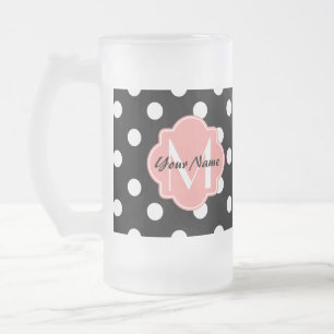 Schwarze und weiße Polka-Punkte mit rosa Monogram Mattglas Bierglas