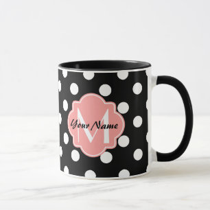Schwarze und weiße Polka-Punkte mit rosa Monogramm Tasse