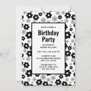 Schwarze und weiße Retro-Floral-Geburtstagseinladu Einladung