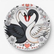 Schwarze und weiße Schwäne, umgeben von Blumendesi