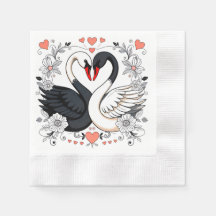 Schwarze und weiße Schwäne, umgeben von Blumendesi