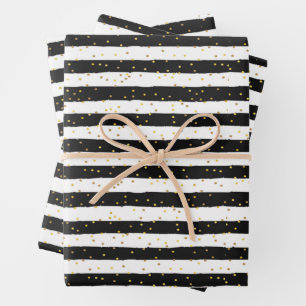Schwarze und weiße Streifen Gold Punkte Geschenkpapier Set