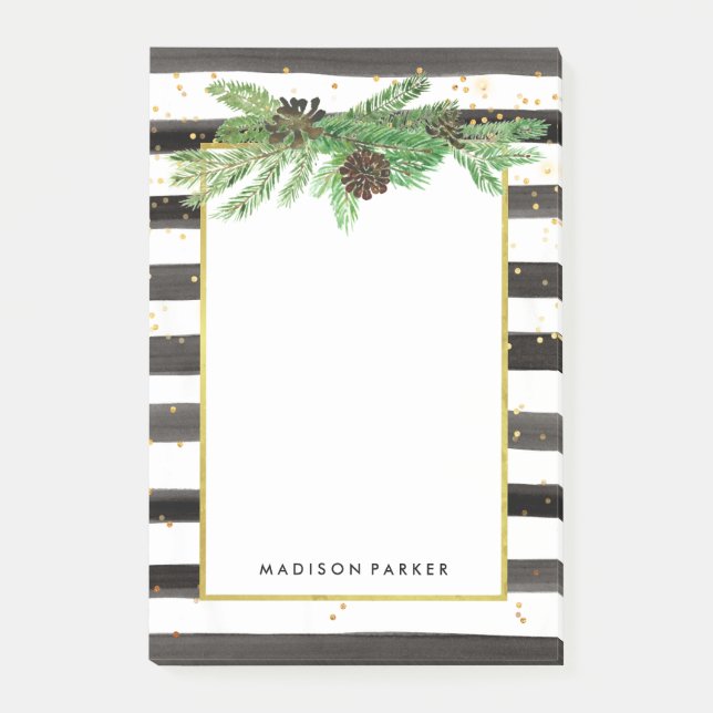 Schwarze und weiße Streifen mit Gold und Pine Coni Post-it Klebezettel (Vorderseite)