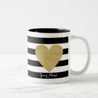 Schwarze und weiße Streifen mit goldfarbenem Herze Zweifarbige Tasse
