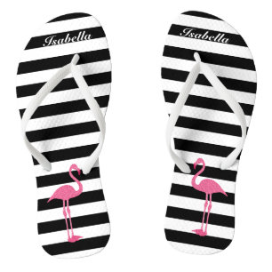Schwarze und weiße Streifen mit 🦩 rosa Flamingo Flip Flops