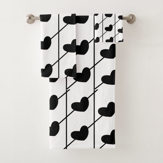 Schwarze und weiße Streifen mit schwarzen Herzen Badhandtuch Set (Insitu)