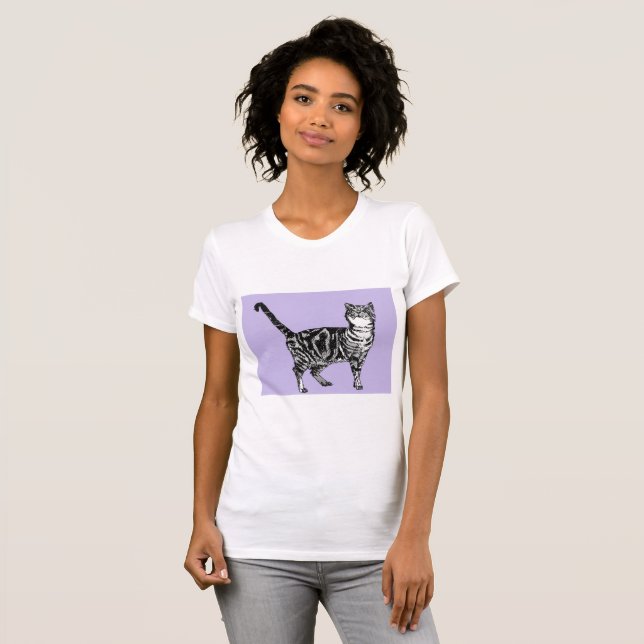 Schwarze und weiße Tabby Katzen Lila T-Shirt Top (Vorne ganz)