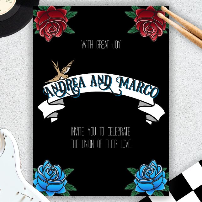 Schwarze und weiße Tattoo Alte Schule Einladung (rockabilly tattoo rock and roll wedding invitation )