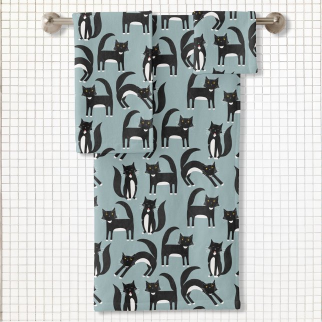 Schwarze und weiße Tuxedo-Katzen Badhandtuch Set (Black and White Tuxedo Cats fun bathroom towel set)