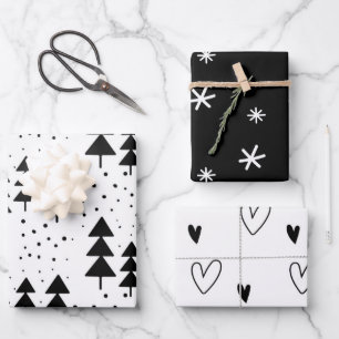 Schwarze und weiße Weihnachtsbäume Schneeflocken H Geschenkpapier Set