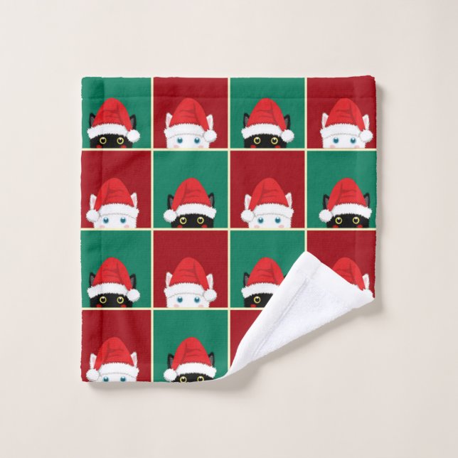 Schwarze und weiße Weihnachtskatzen Badhandtuch Set (Waschlappen)