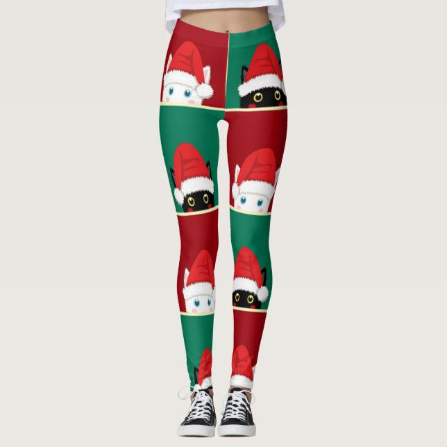 Schwarze und weiße Weihnachtskatzen Leggings (Vorderseite)