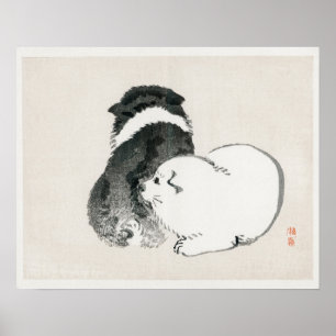 Schwarze und weiße Welpen von Kōno Bairei Poster