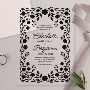 Schwarze verzierte Blumenrand-Hochzeit Acryleinladungen