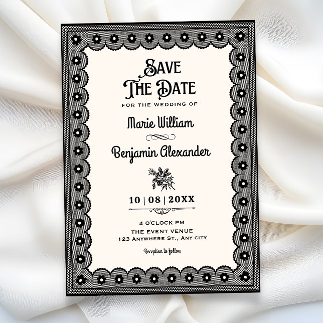 Schwarze viktorianische Spitzenhochzeit Save The Date (Von Creator hochgeladen)