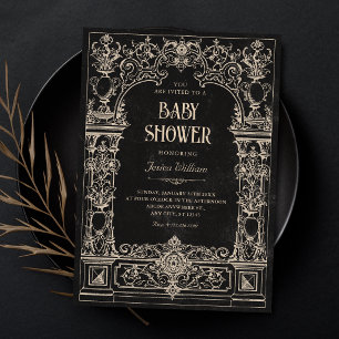 Schwarze Vintage barock gotische Bogen Babyparty  Einladung