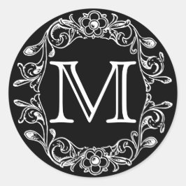 Schwarze Vintage Floral Monogramm Runder Aufkleber