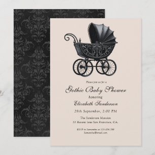 Schwarze Vintage-Gothic-Kinderwagen-Baby-Party Einladung