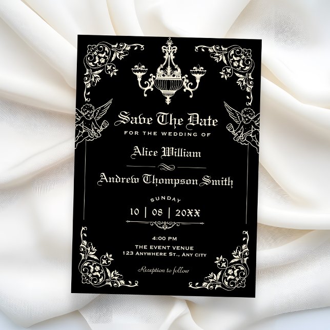 Schwarze Vintage gotische Bogenhochzeit Save The Date (Von Creator hochgeladen)