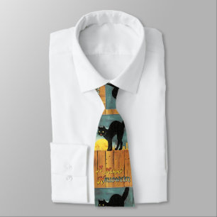 Schwarze Vintage-Halloween-Krawatte mit Katze Krawatte