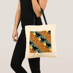 Schwarze Vintage-Halloween-Tasche mit Katze Tragetasche