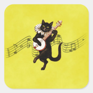 Schwarze Vintage-Katze spielt Banjo auf Noten Quadratischer Aufkleber