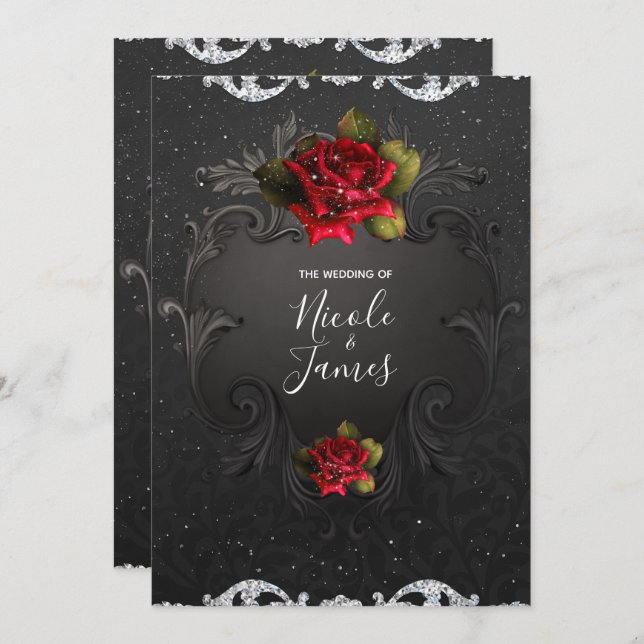 Schwarze Vintage Ornamentalhochzeit Einladung (Vorne/Hinten)