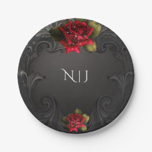 Schwarze Vintage Ornamente Rote Rosen Hochzeit Pappteller