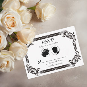 Schwarze Vintage Silhouette Hochzeit mit Typografi RSVP Karte