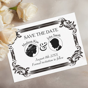Schwarze Vintage Silhouette Hochzeit mit Typografi Save The Date