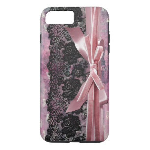 Schwarze Vintage-Spitze mit Punkten und rosa Band iPhone 8 Plus/7 Plus Hülle