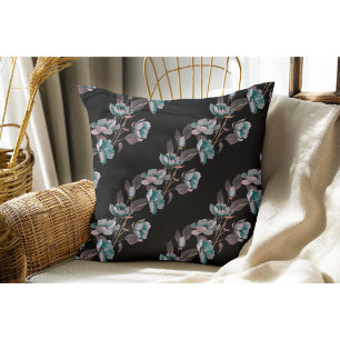 Schwarze Vintage-Wasserfarbe Blaue Blumenstreifen Kissen