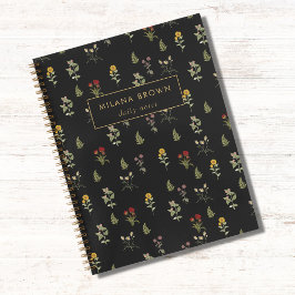 Schwarze Vintage Wildblume Muster Gold Name Chic Notizbuch