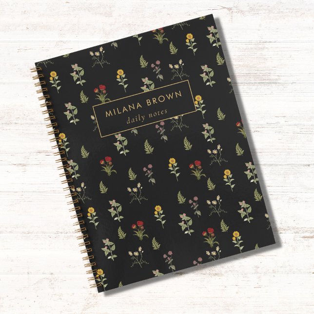 Schwarze Vintage Wildblume Muster Gold Name Chic Notizbuch (Von Creator hochgeladen)