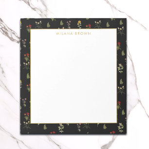 Schwarze Vintage Wildblume und Goldname Notizblock