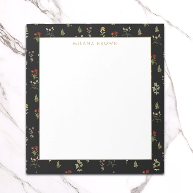 Schwarze Vintage Wildblume und Goldname Notizblock (Von Creator hochgeladen)