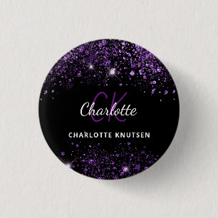 Schwarze violette Glitter-Monogramm-Initialen Button