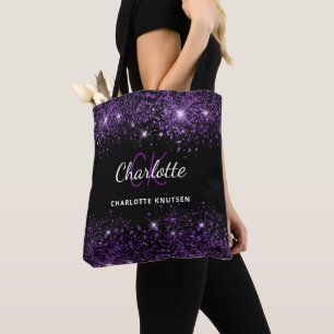 Schwarze violette Glitter-Monogramm-Initialen Name